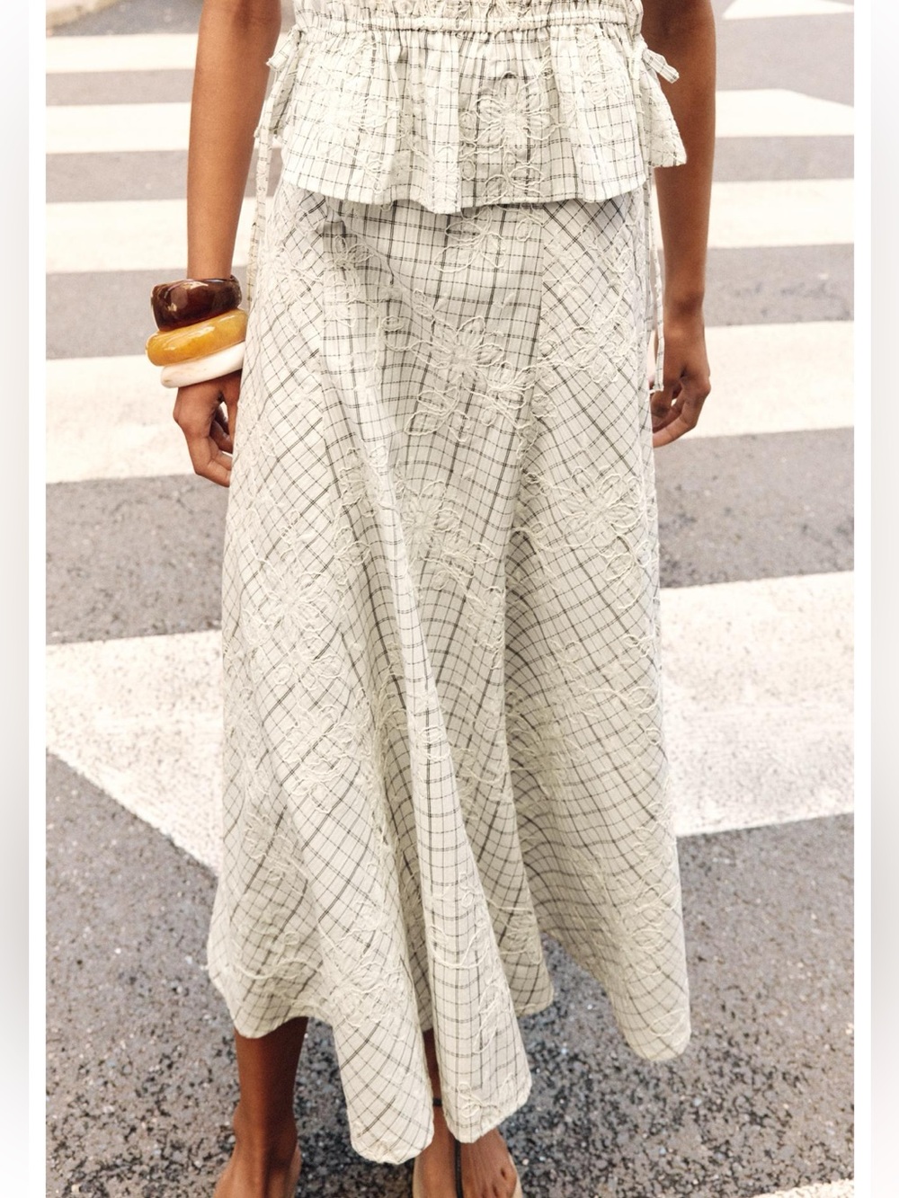 Zara Cream Check Embroidered Maxi Skirt